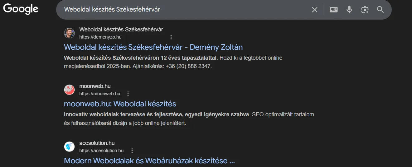 SEO eredmények weboldal készítés Székesfehérvár kulcsszóra